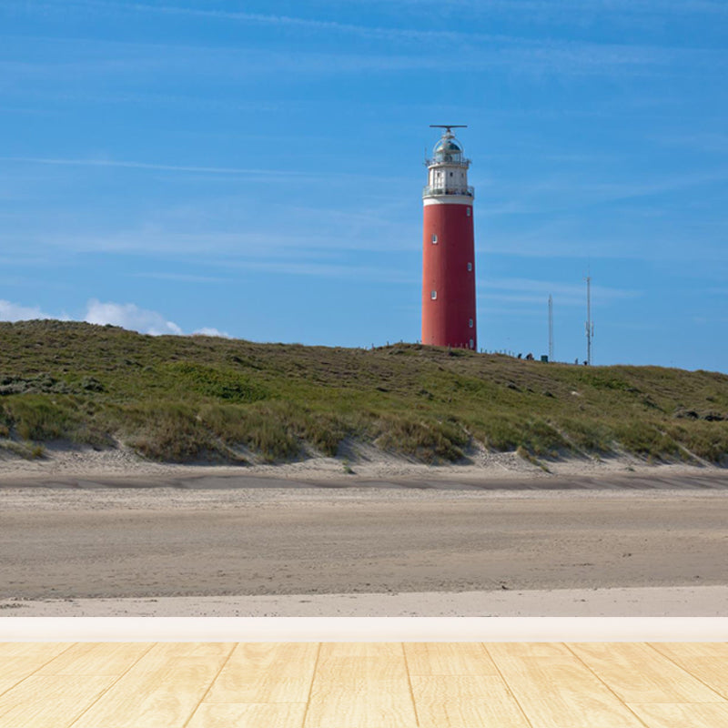 Large Lighthouse and Sky Mural Wallpaper Coastal Sea Landscape Wall Covering in Blue