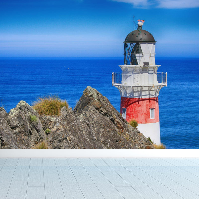 Large Lighthouse and Sky Mural Wallpaper Coastal Sea Landscape Wall Covering in Blue