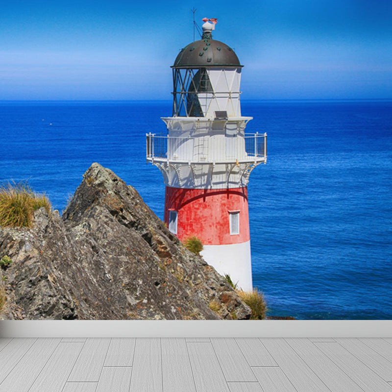 Large Lighthouse and Sky Mural Wallpaper Coastal Sea Landscape Wall Covering in Blue