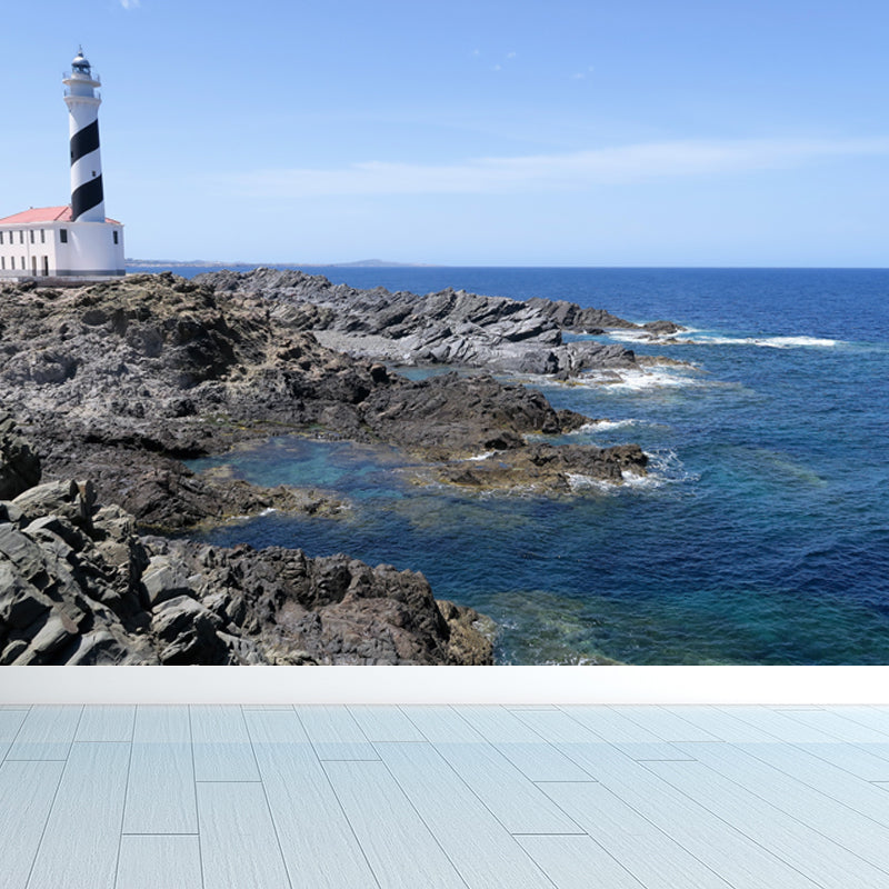 Extra Large Lighthouse Mural Blue Non-Woven Cloth Wall Covering for Bedroom, Custom