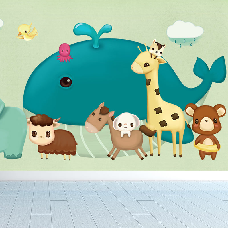 Illustration Cartoon Animals Wall Mural for Kids Bedroom, Pastel Color, Made to Measure