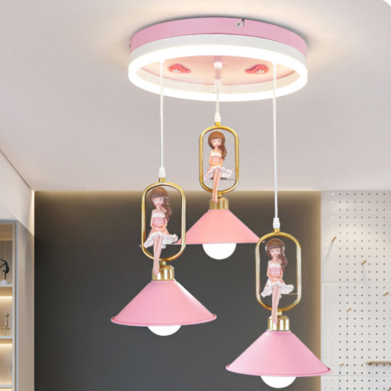 Metallic Bell Pendant Light Kit Cartoon 3 Bulb Hanging Lamp with Girl Decor in Pink