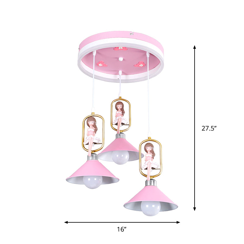 Metallic Bell Pendant Light Kit Cartoon 3 Bulb Hanging Lamp with Girl Decor in Pink