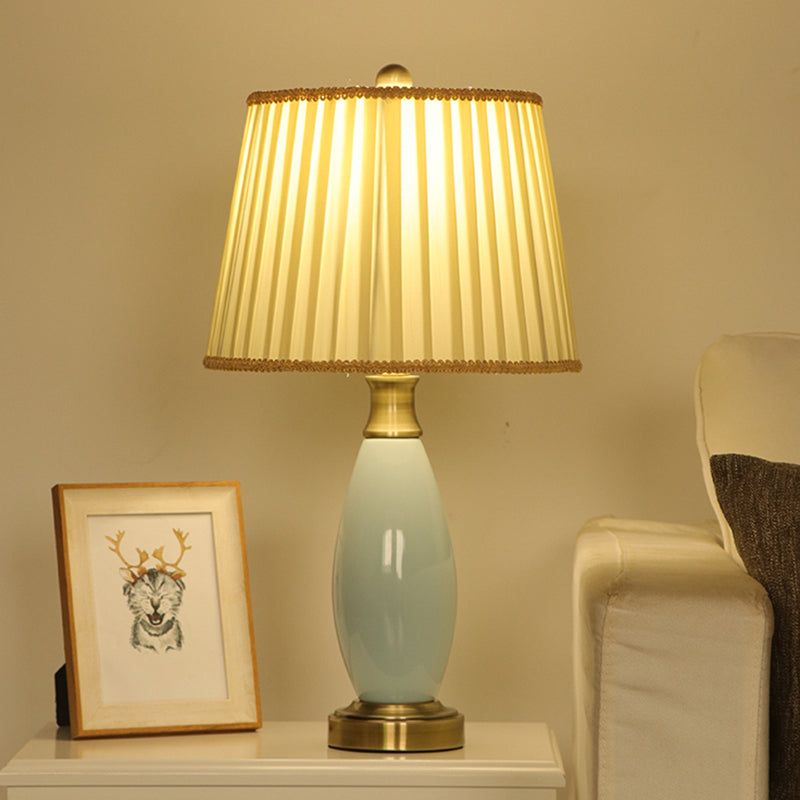 Retro Style Ridged Cone Night Light 1 Head Fabric Desk Lamp with Blue Ceramic Oval Decor in White