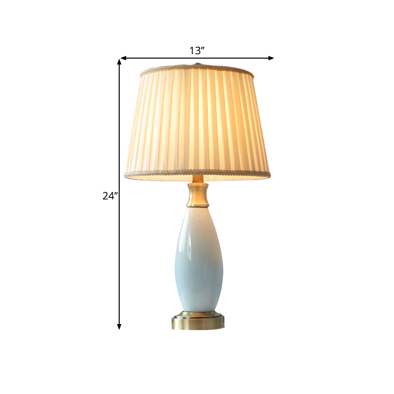 Retro Style Ridged Cone Night Light 1 Head Fabric Desk Lamp with Blue Ceramic Oval Decor in White