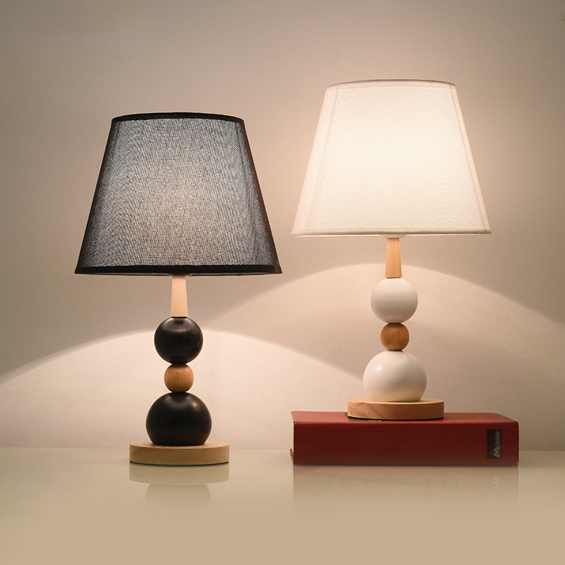 Modern Cone Desk Light Fabric 1-Head Study Room Table Lamp with Round Wooden Base in Black/White