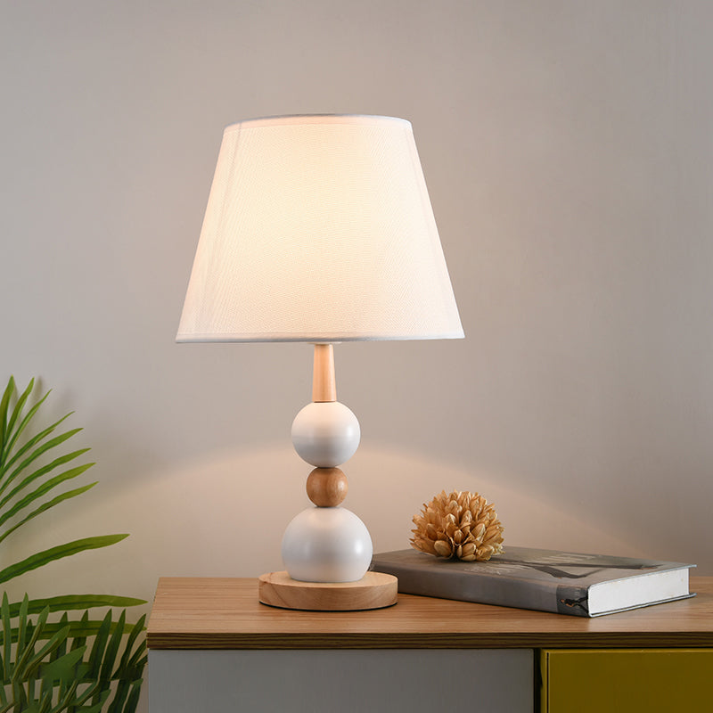 Modern Cone Desk Light Fabric 1-Head Study Room Table Lamp with Round Wooden Base in Black/White