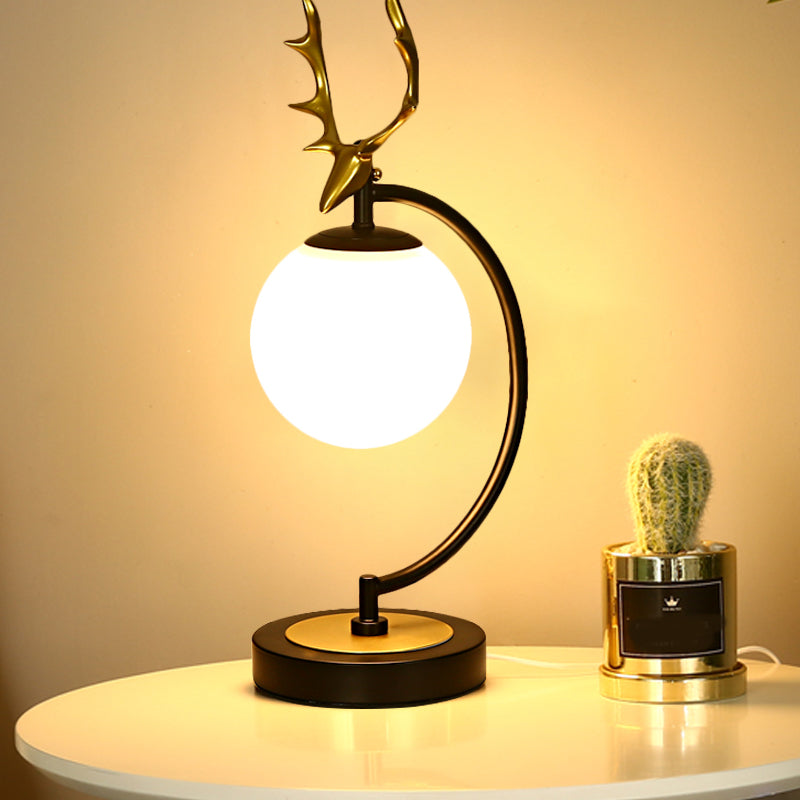 Globe Reading Light Cartoon White Glass 1-Light Black/Gold with Deer Design for Bedroom