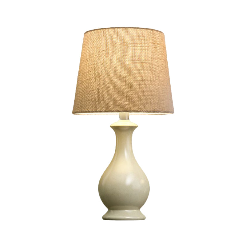 1 Bulb Conical Desk Lamp Countryside Beige Fabric Nightstand Light with White Vase Shape Base
