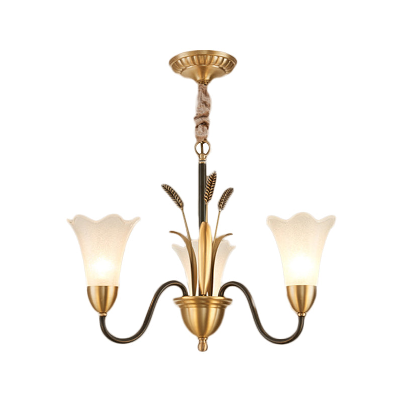 Traditional Blossom Chandelier Lamp 3/6 Heads Cream Glass Suspension Lighting Fixture with Curved Arm in Brass