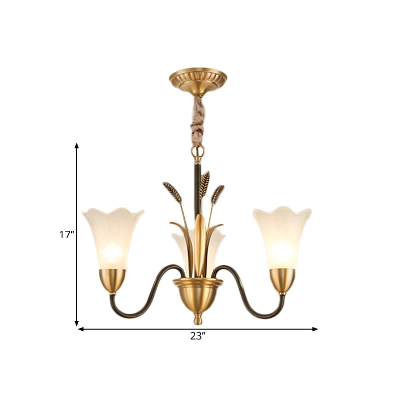 Traditional Blossom Chandelier Lamp 3/6 Heads Cream Glass Suspension Lighting Fixture with Curved Arm in Brass