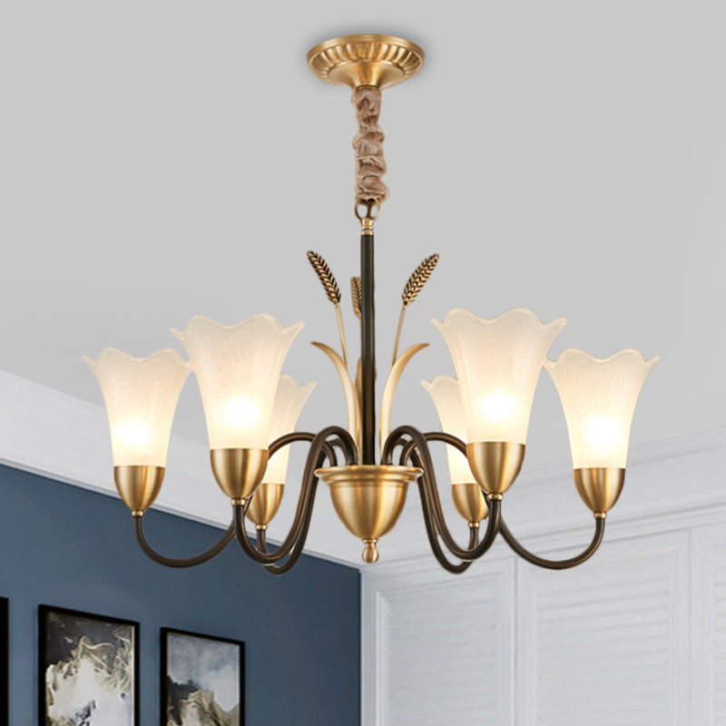 Traditional Blossom Chandelier Lamp 3/6 Heads Cream Glass Suspension Lighting Fixture with Curved Arm in Brass