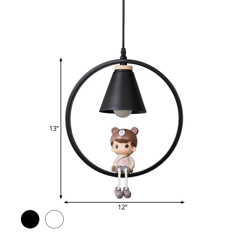 Cartoon Tapered Hanging Light Metal 1 Light Bedroom Pendant Lamp with Ring and Girl/Boy/Deer Decor in Black/White