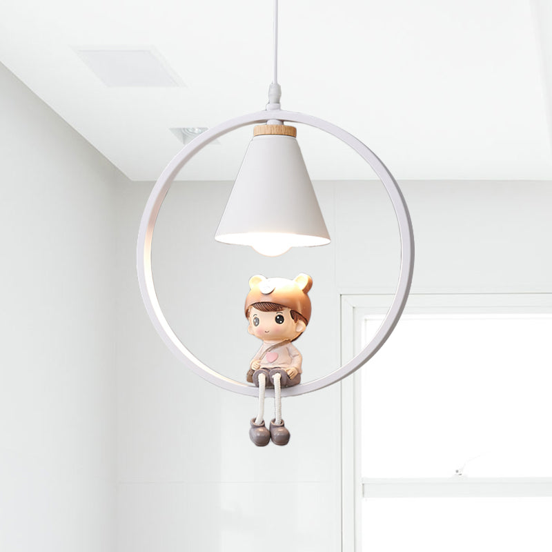 Cartoon Tapered Hanging Light Metal 1 Light Bedroom Pendant Lamp with Ring and Girl/Boy/Deer Decor in Black/White