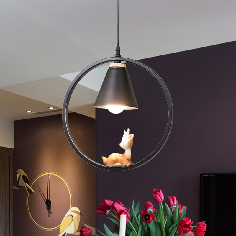 Cartoon Tapered Hanging Light Metal 1 Light Bedroom Pendant Lamp with Ring and Girl/Boy/Deer Decor in Black/White