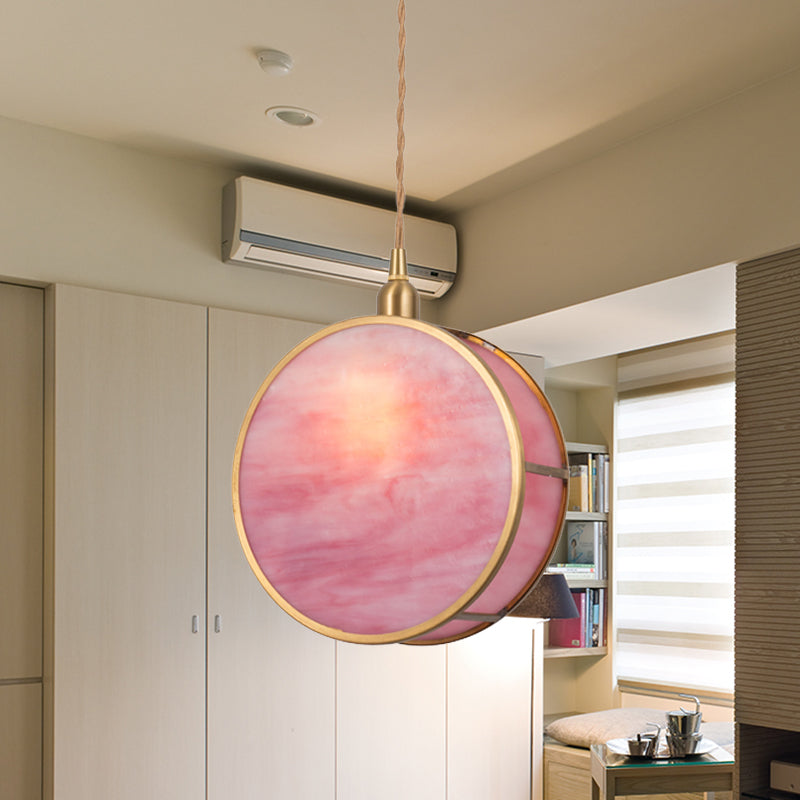 Nordic 1-Light Hanging Lamp Kit with Pink/Blue Glass Shade Brass Rounded Pendant Light Fixture