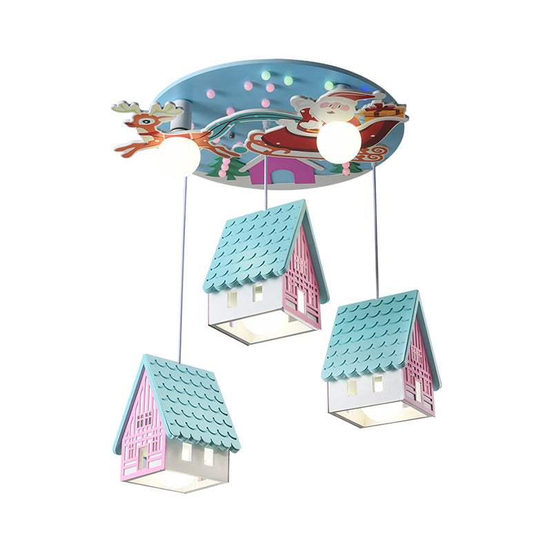 Blue House Case Lighting Cartoon 5 teste Luce a soffitto sospeso in legno con Babbo Natale e decorazioni di cervi