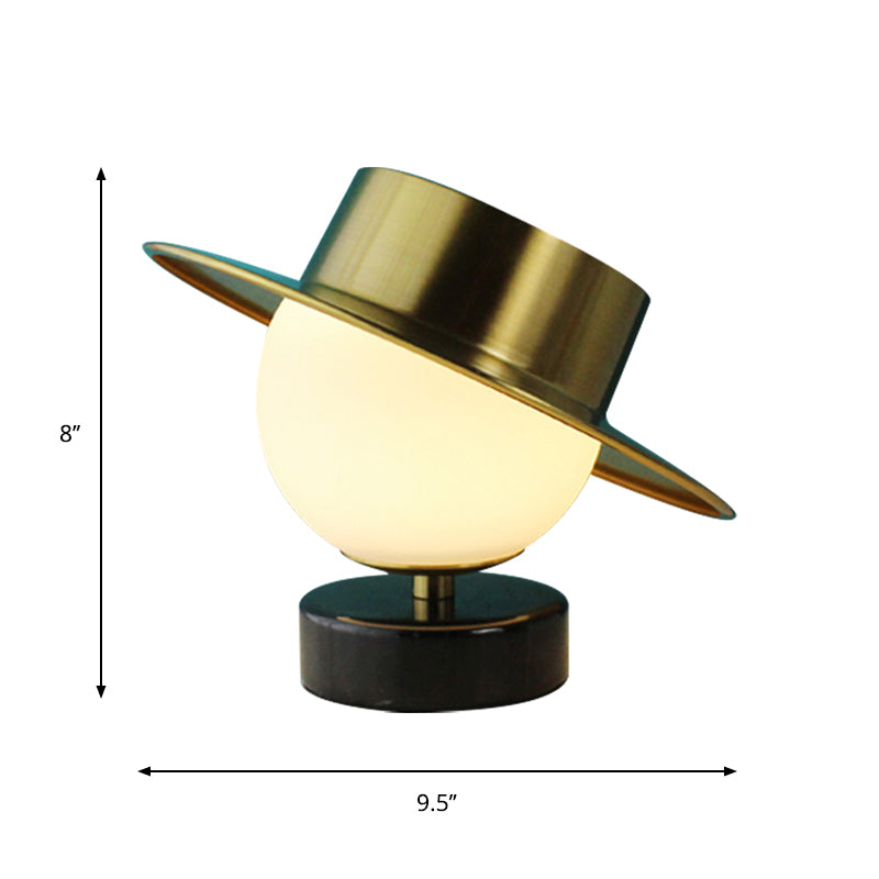 Hat Metallic Table Light Contemporary 1 Head Brass Nightstand Lamp with Milk Glass Shade