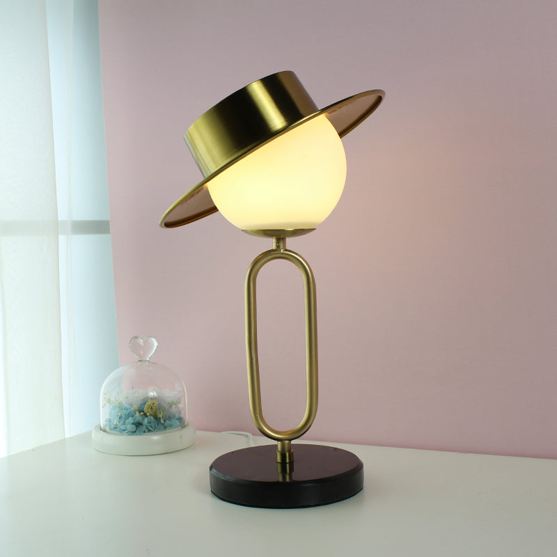 Metal Hat Desk Light Cartoon 1 Light Table Lamp with Cream Glass Shade and Marble Base in Brass