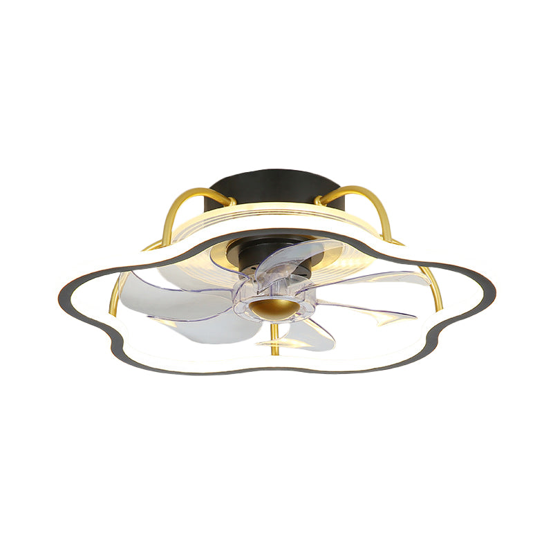 7-Blade Black/Gold Flower Shape Semi Flush Chandelier Lighting Simple Metal LED Pendant Fan Fixture, 18.5 Inch Wide