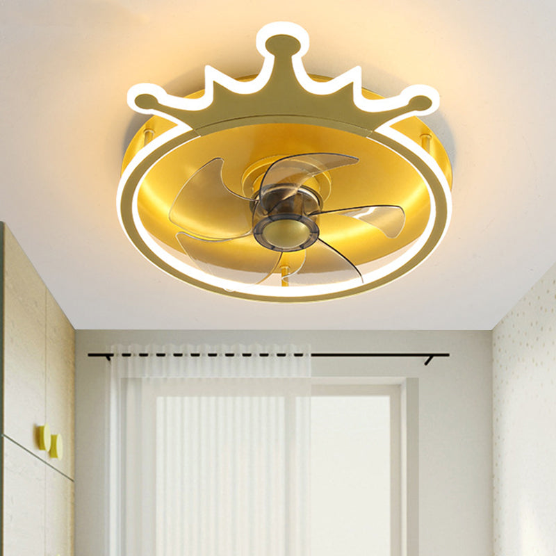 5-Blade LED Bedroom Pendant Fan Light Modern Gold Semi Flush Mount Lighting with Crown Shape Acrylic Shade, 16" Wide