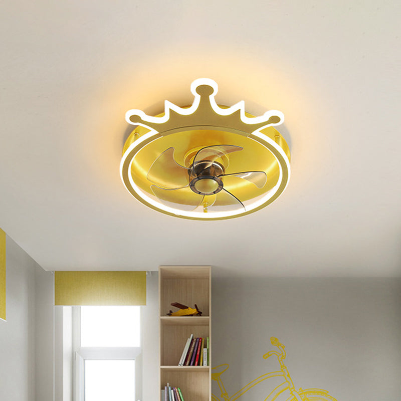 5-Blade LED Bedroom Pendant Fan Light Modern Gold Semi Flush Mount Lighting with Crown Shape Acrylic Shade, 16" Wide