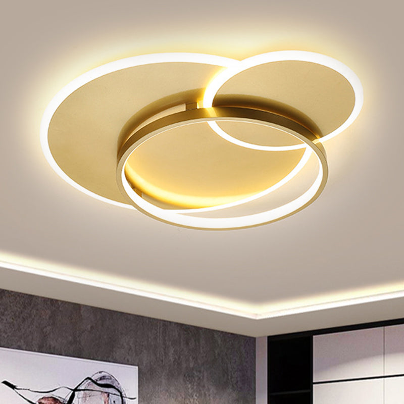 Crossed Ring Flush Mount Modernist Metal LED Gold Ceiling Fixture in Warm/White Light, 16.5"/21.5" W