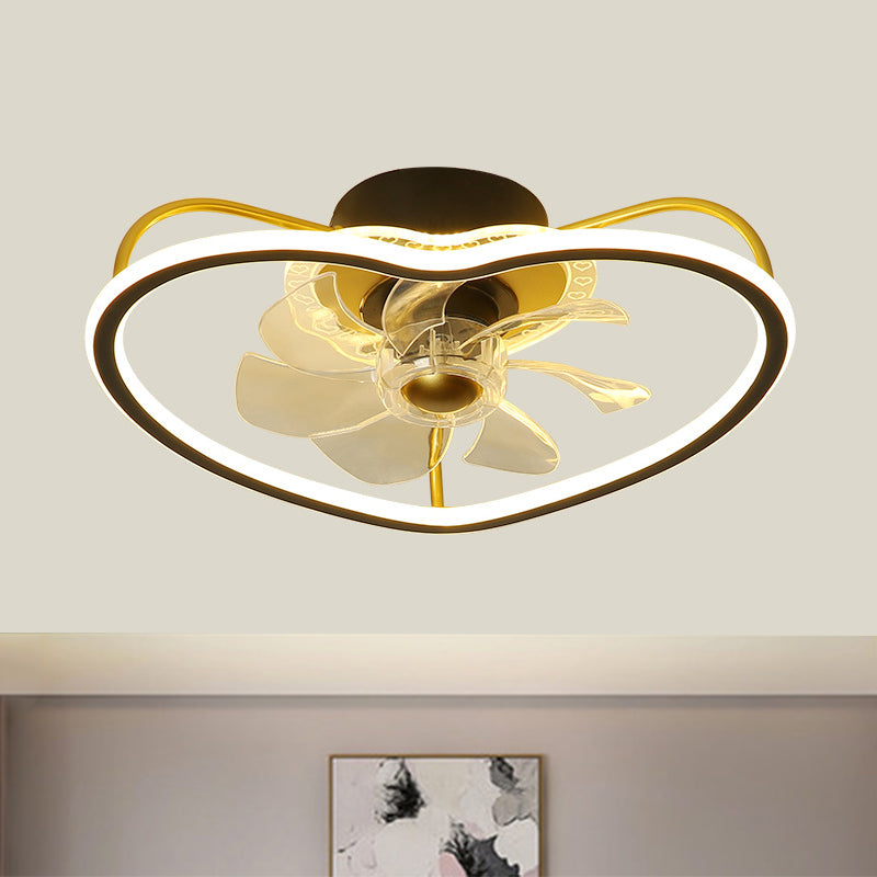 7 Blades Modernistisch LED -plafondventilator Weg met metalen goud/zwarte hartvorm Design Semi Flush plafondlamp, 16,5 "breed