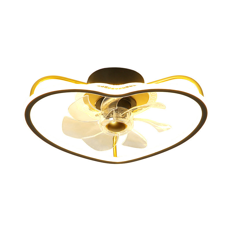 7 Blades Modernistisch LED -plafondventilator Weg met metalen goud/zwarte hartvorm Design Semi Flush plafondlamp, 16,5 "breed