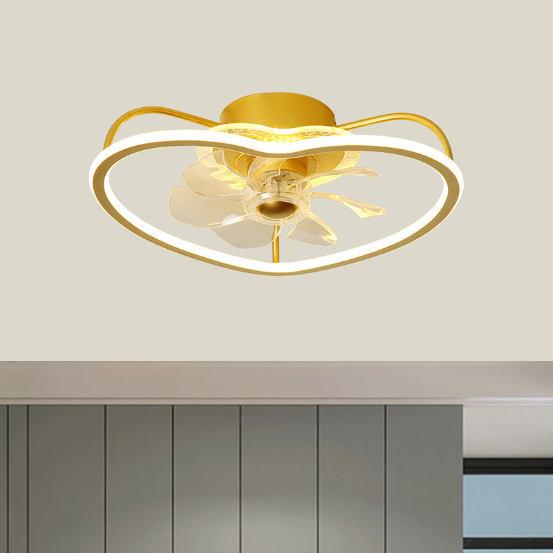 7 Blades Modernistisch LED -plafondventilator Weg met metalen goud/zwarte hartvorm Design Semi Flush plafondlamp, 16,5 "breed