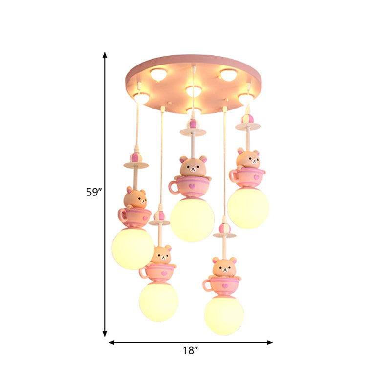 5-Light Nursery Room Suspension Lamp Modern Pink Multi Light Pendant with Global Cream Glass Shade, Warm/White Light