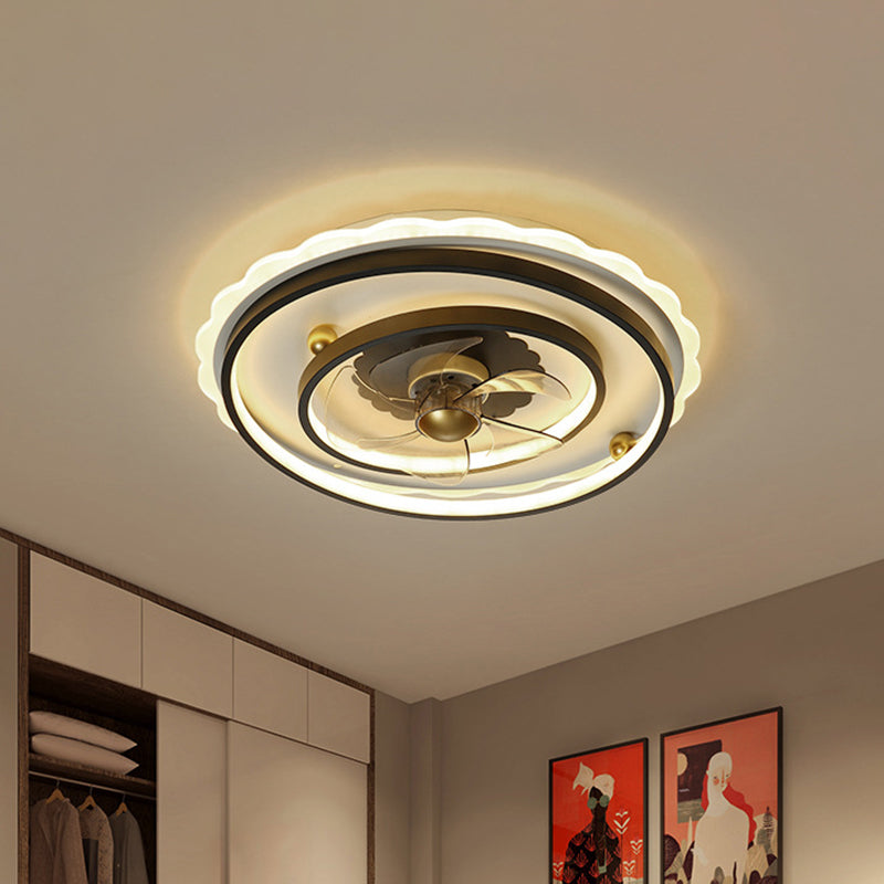 19.5" Wide Modern LED Pendant Fan Light with Metallic Shade Black Round 5-Blade Semi Flush Mount Lamp for Dining Room