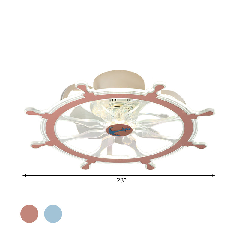 7 Blades Steering Wheel Semi Flush Ceiling Light Modernist Acrylic Nursery Room LED Pendant Fan Light in Pink/Blue, 23" Wide