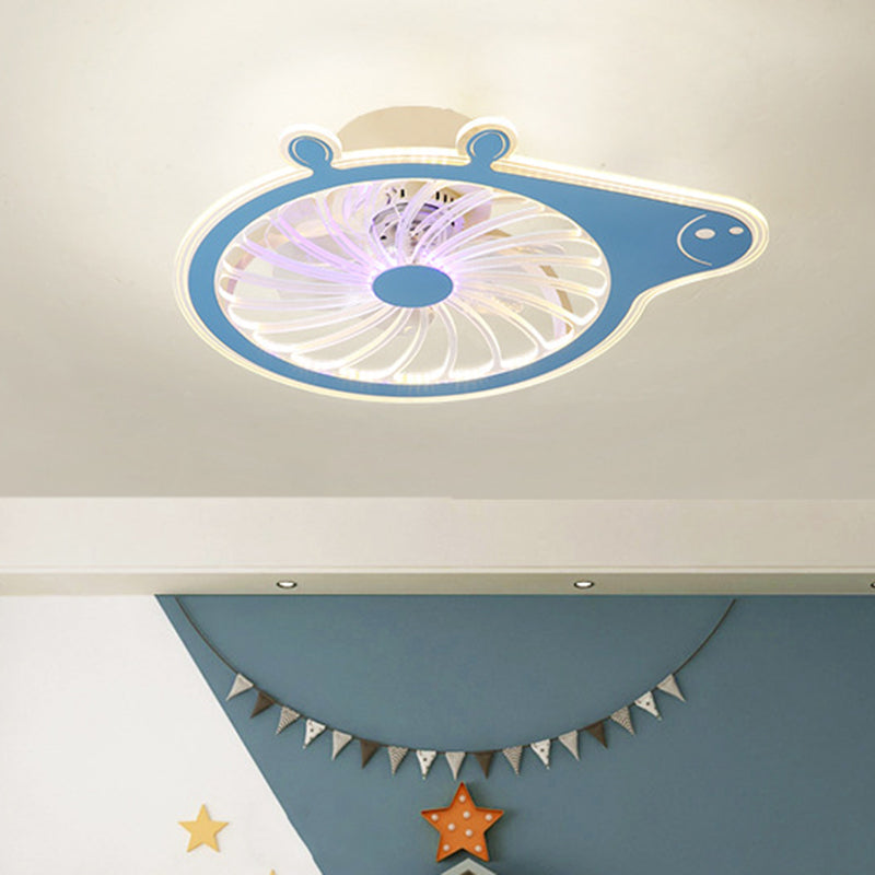 Cartoon Pig Children Room Hanging Fan Fixture Acrylic Simple LED Semi Flush Ceiling Lamp in Pink/Blue, 23.5" Long