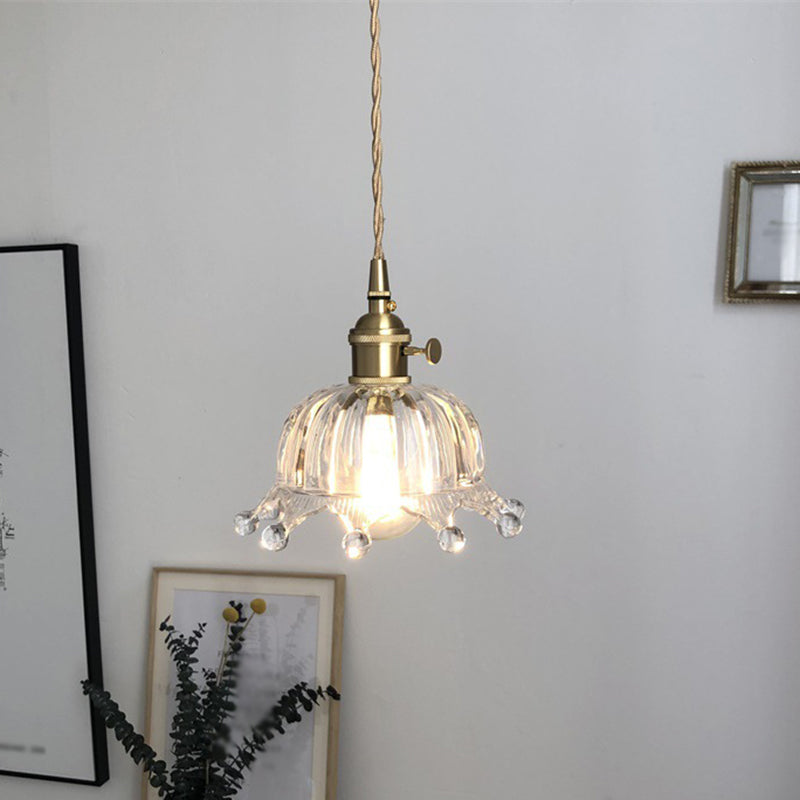 Clear Glass Dome Pendant Lighting with Crown Design Modern 1 Light Brass Down Mini Hanging Lamp for Passage