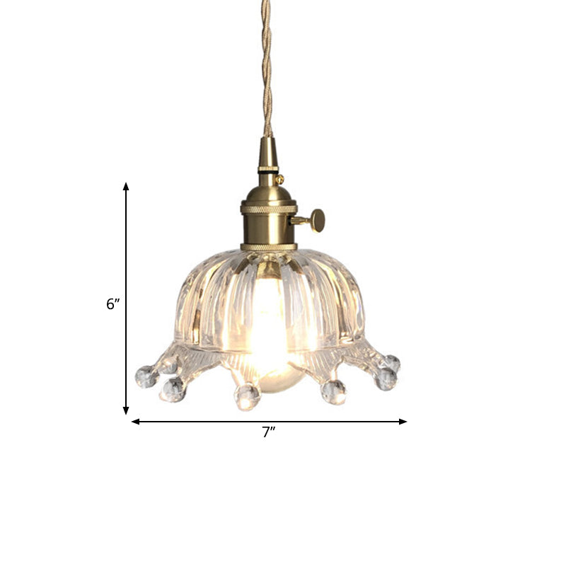 Clear Glass Dome Pendant Lighting with Crown Design Modern 1 Light Brass Down Mini Hanging Lamp for Passage