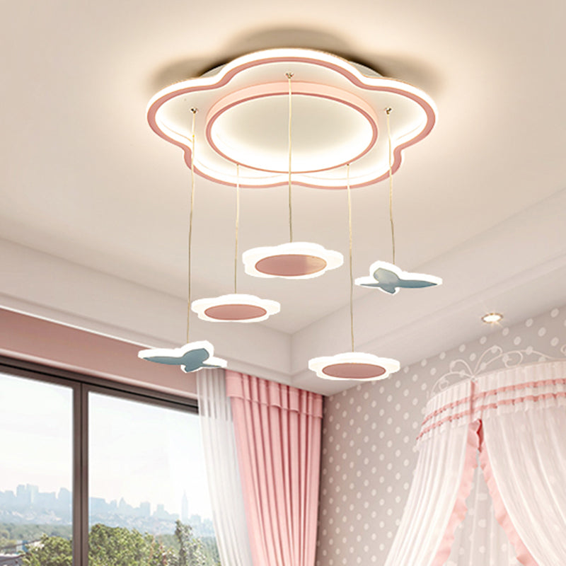 Flower Shape Metallic Multi Ceiling Light Contemporary 5 Lights Pink LED Pendulum Lamp for Girl Room