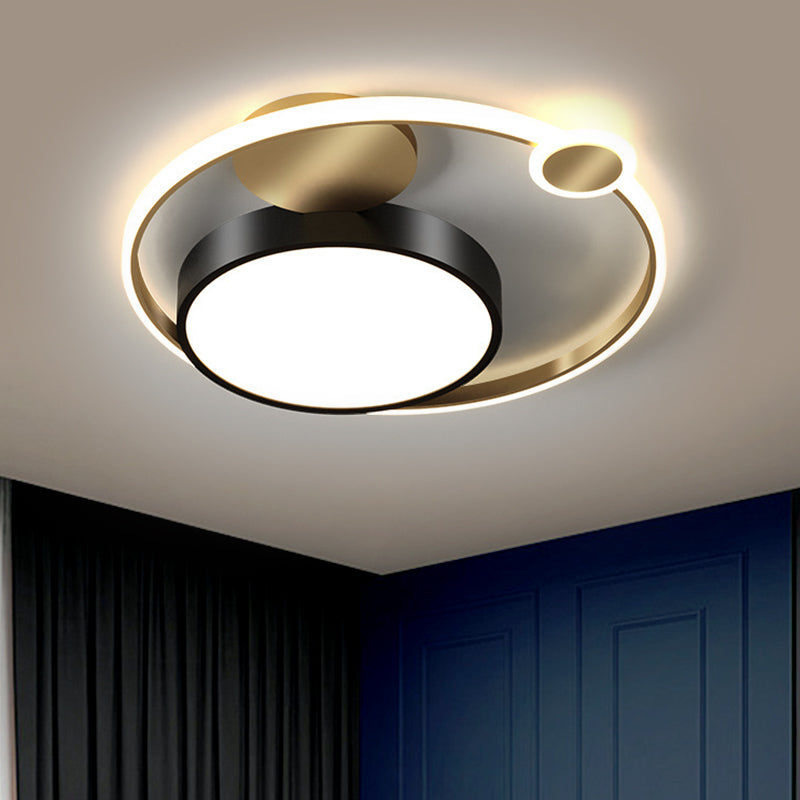 Black Round Flush Lamp Nordic Style LED Iron Ceiling Lighting for Bedroom in Warm/White/3 Color Light