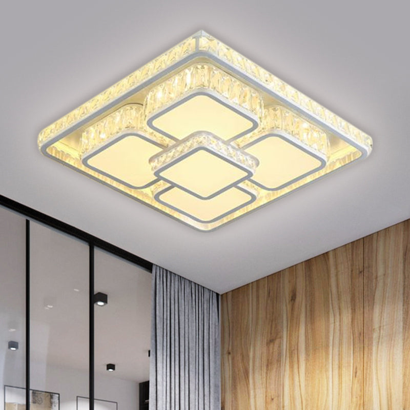 Contemporary LED Flush Mount Lamp White Square Ceiling Flush with Beveled Crystal Shade in Warm/White Light