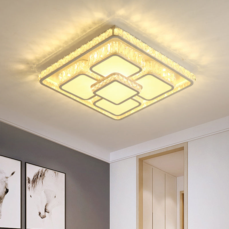 Contemporary LED Flush Mount Lamp White Square Ceiling Flush with Beveled Crystal Shade in Warm/White Light