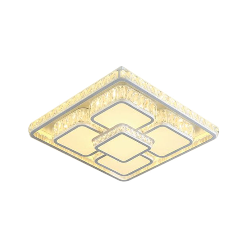 Contemporary LED Flush Mount Lamp White Square Ceiling Flush with Beveled Crystal Shade in Warm/White Light