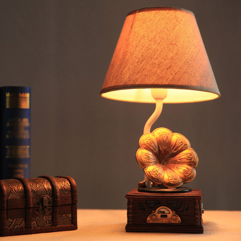 Modern Conical Table Light Fabric 1 Light Study Room Reading Lamp with Phonograph Base in Brown