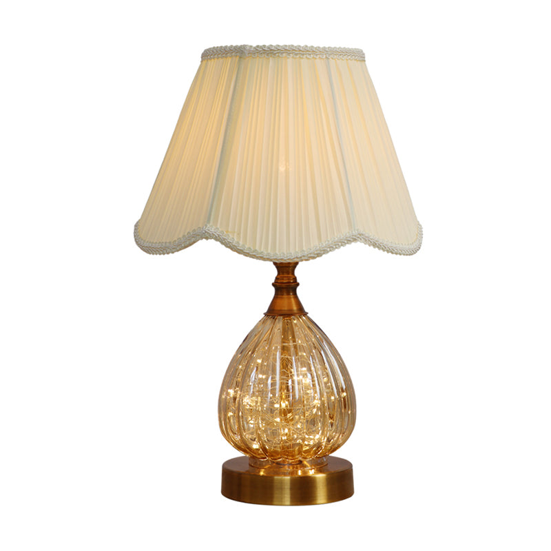 Scalloped Table Light Contemporary Fabric 1 Bulb White Reading Lamp with Brass Glass Body