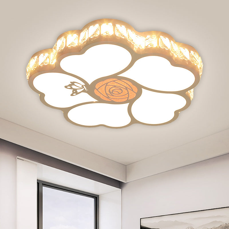 Minimalism LED Flush Light White Flower Ceiling Mounted Fixture with Beveled Crystal Shade