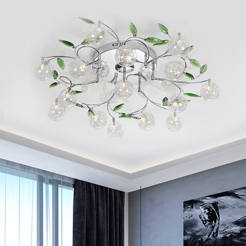 Leave Drawing Room Semi Mount Lighting Green Crystal 15 Lights Modern Ceiling Flush with Clear Glass Shade in Chrome