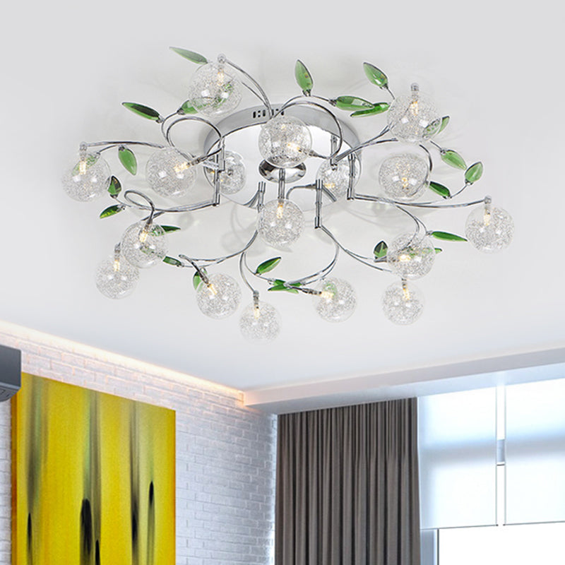 Leave Drawing Room Semi Mount Lighting Green Crystal 15 Lights Modern Ceiling Flush with Clear Glass Shade in Chrome