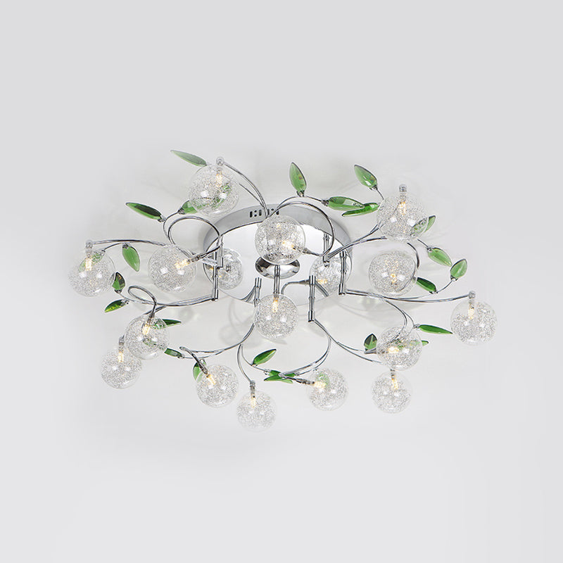 Leave Drawing Room Semi Mount Lighting Green Crystal 15 Lights Modern Ceiling Flush with Clear Glass Shade in Chrome