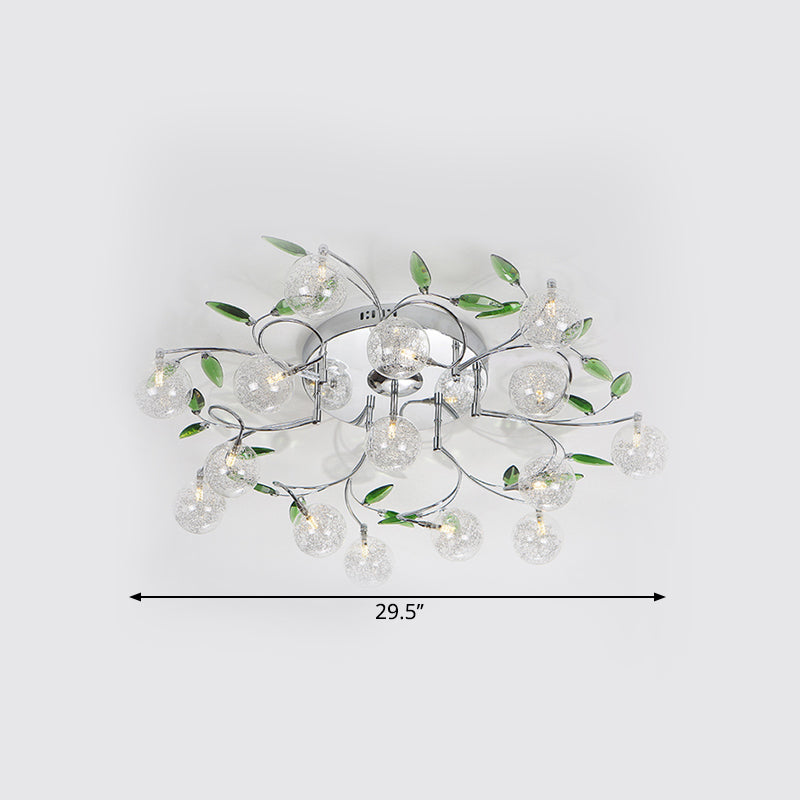 Leave Drawing Room Semi Mount Lighting Green Crystal 15 Lights Modern Ceiling Flush with Clear Glass Shade in Chrome