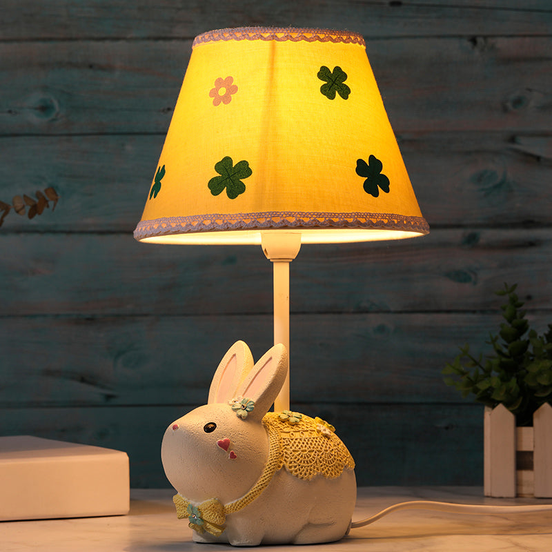 Conical Fabric Study Lamp Cartoon 1-Light Yellow Table Light with Clover Pattern and Rabbit Base