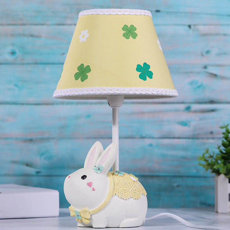 Conical Fabric Study Lamp Cartoon 1-Light Yellow Table Light with Clover Pattern and Rabbit Base